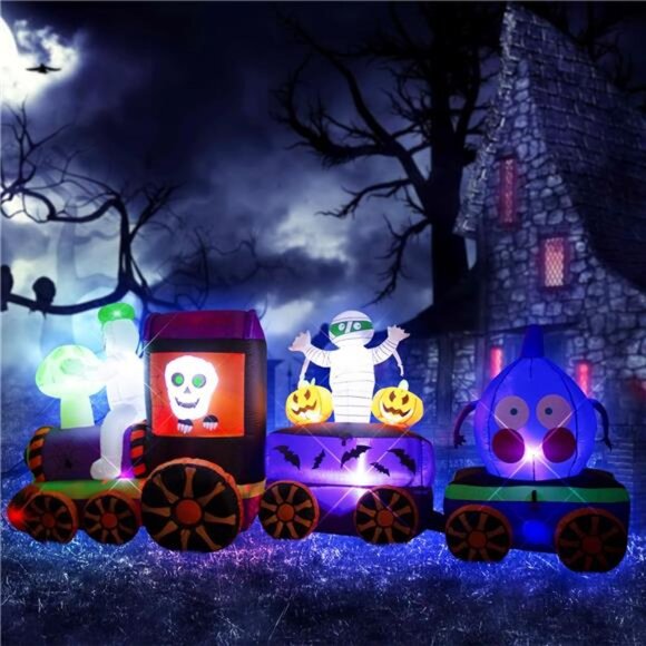 11FT Halloween Inflatables Ghost Train with Mushroom Onion Heads and Mummies - Picture 5 of 8